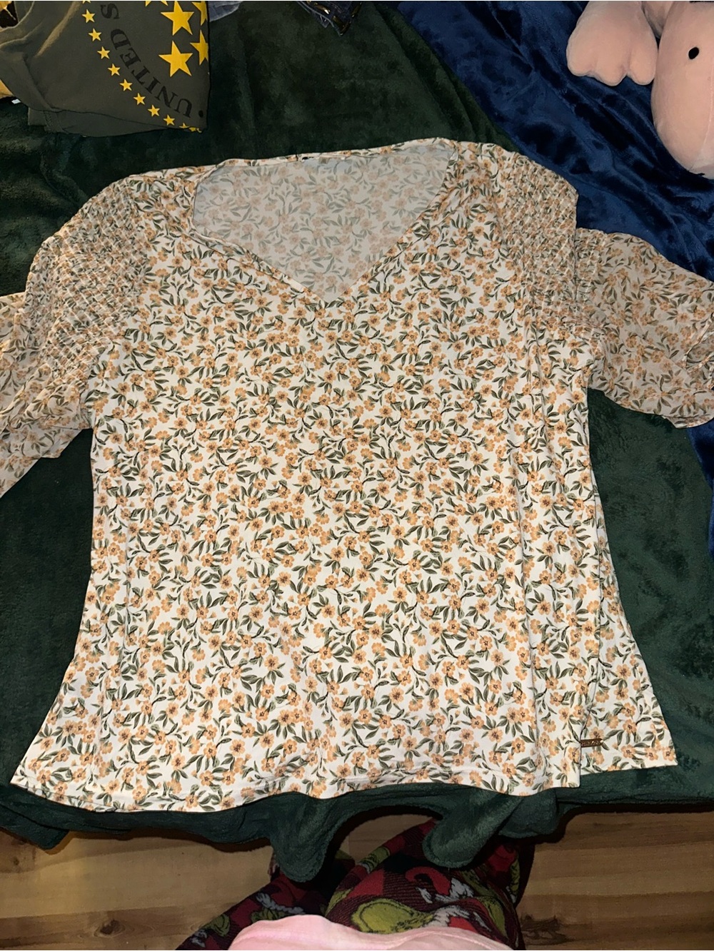Calvin Klein White Floral V-Neck Blouse with Yellow Flowers